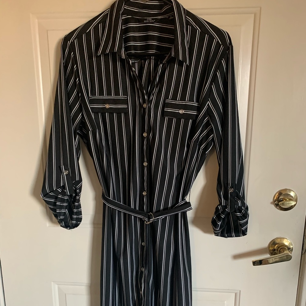Button up black dress w/ white pinstripe WORN ONCE